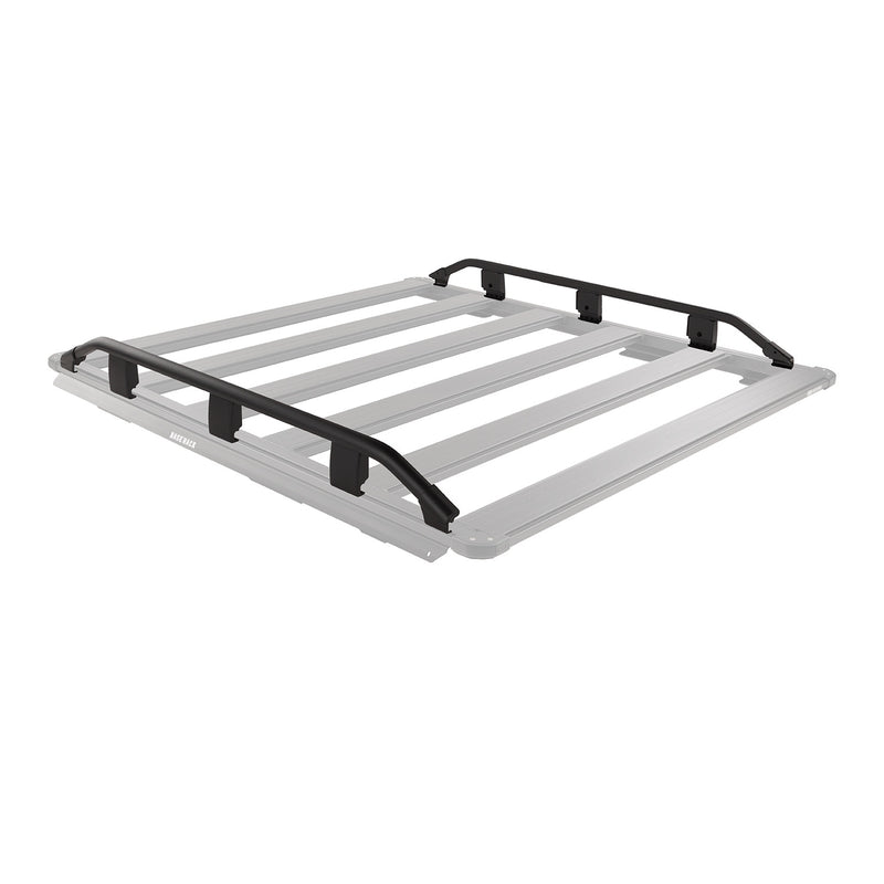 Pair of ARB BASE Rack trade guard rails in black on a ghosted gray rack platform
