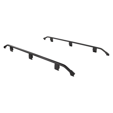 Pair of ARB BASE Rack trade guard rails in black with upturned ends, shown on white
