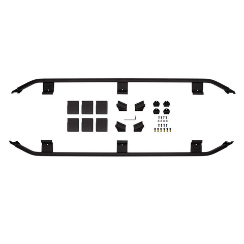 ARB BASE Rack trade guard rail kit laid out on white: two side rails, mounting brackets, pads and hardware