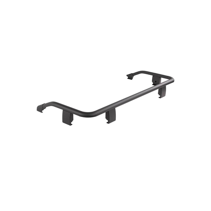 ARB BASE Rack front quarter guard rail on white, a short U shaped black tube rail on four cast aluminum upright clamps