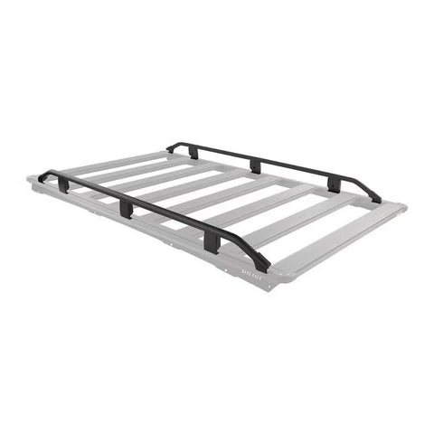 ARB BASE Rack guard rail shown in black on a ghosted grey rack outline, running along both long sides of the rack with the front and rear left completely open