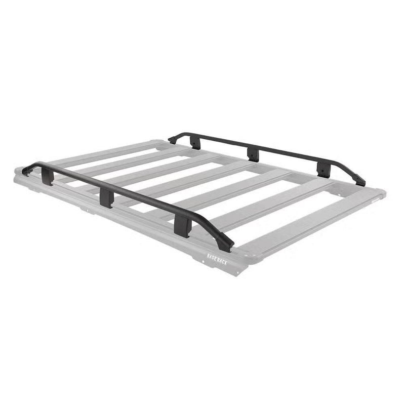 ARB BASE Rack guard rail shown in black on a ghosted grey rack outline, running along both long sides of the rack with the front and rear left completely open