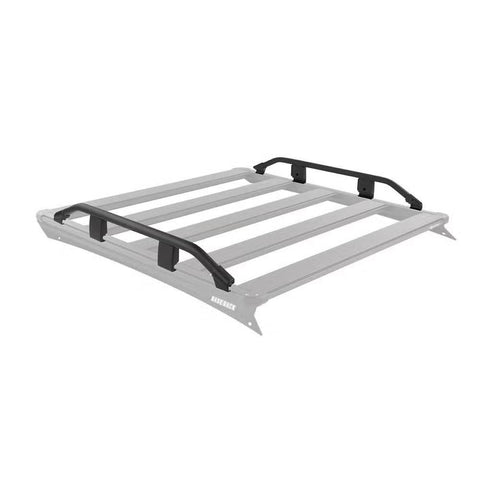 ARB BASE Rack guard rail shown in black on a ghosted grey rack outline, running along both long sides of the rack with the front and rear left completely open