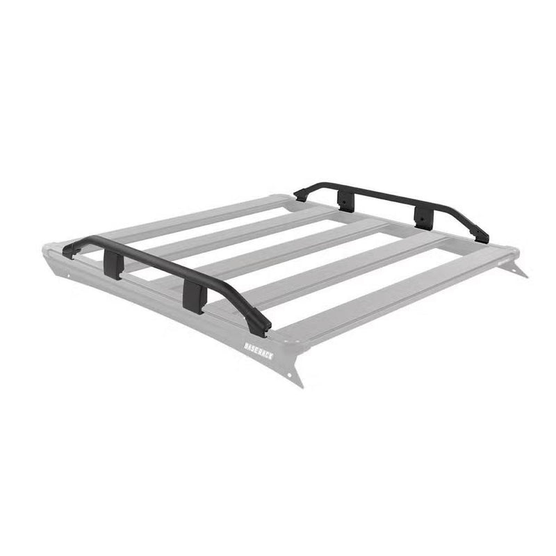 ARB BASE Rack guard rail shown in black on a ghosted grey rack outline, running along both long sides of the rack with the front and rear left completely open
