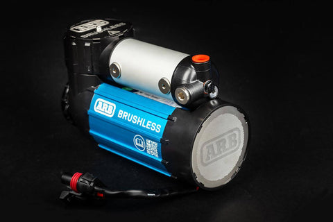 ARB CKBLA12 brushless single motor on-board 12V air compressor, a single blue anodized barrel marked ARB BRUSHLESS with a mesh filter end cap, black head assembly and a sealed connector pigtail