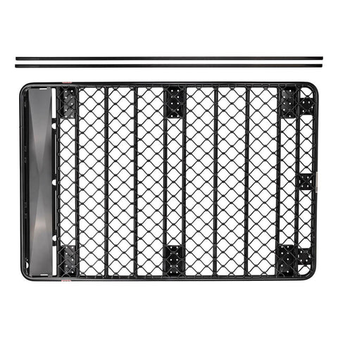 Overhead view of an ARB Classic aluminum flat roof rack with a diamond pattern mesh floor on white, shown flat with no perimeter rails and two separate rails alongside