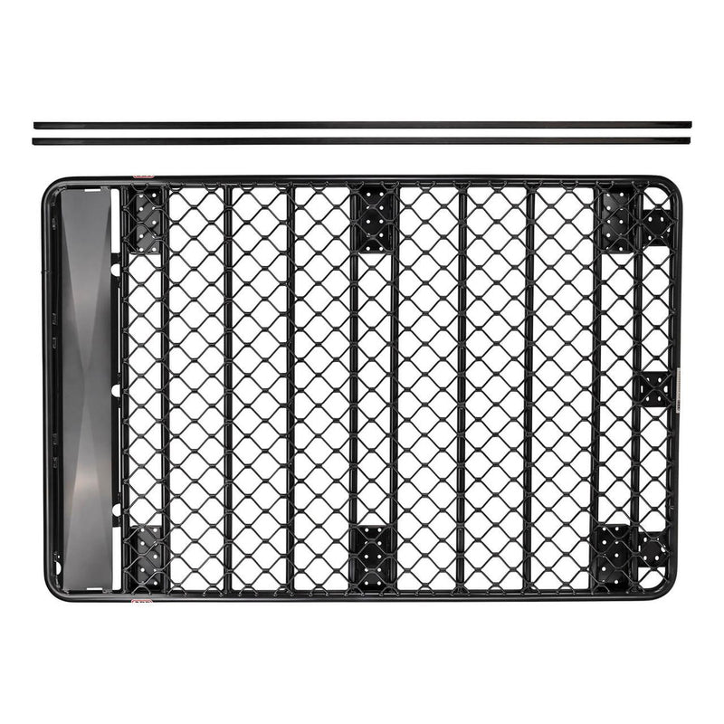 Overhead view of an ARB Classic aluminum flat roof rack with a diamond pattern mesh floor on white, shown flat with no perimeter rails and two separate rails alongside