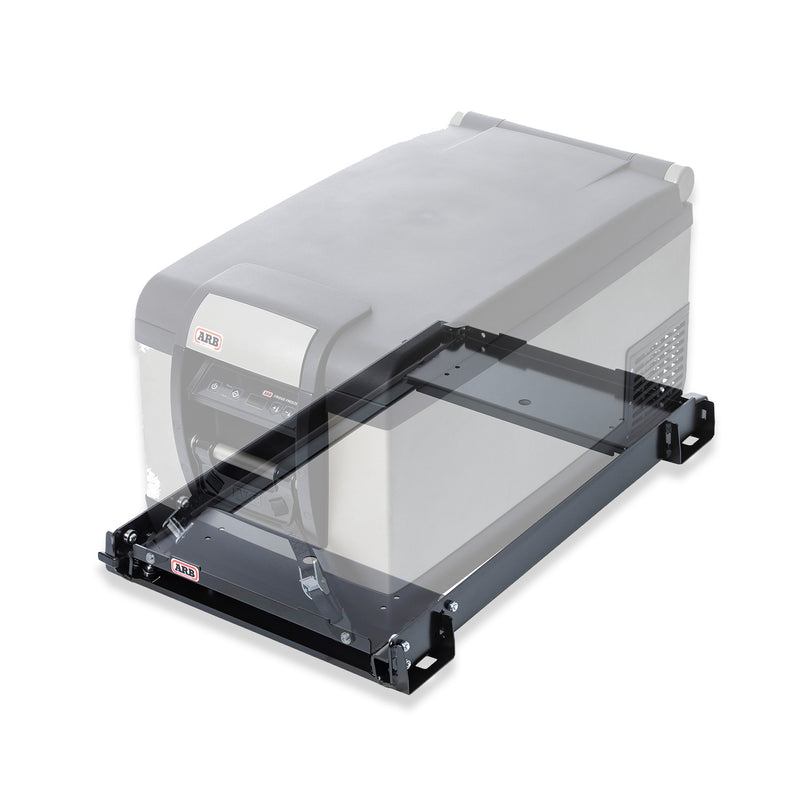 ARB Classic fridge slide 10900022 shown with a ghosted outline of an ARB Classic fridge freezer sitting on it, illustrating the tie down strap and how the fridge locates on the tray