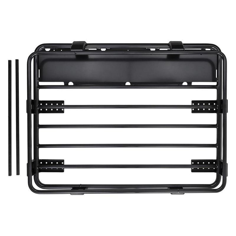 Overhead view of an ARB Classic steel roof rack cage on white, a short wide black round tube rack with cross bars, a wind deflection panel and two separate rails alongside