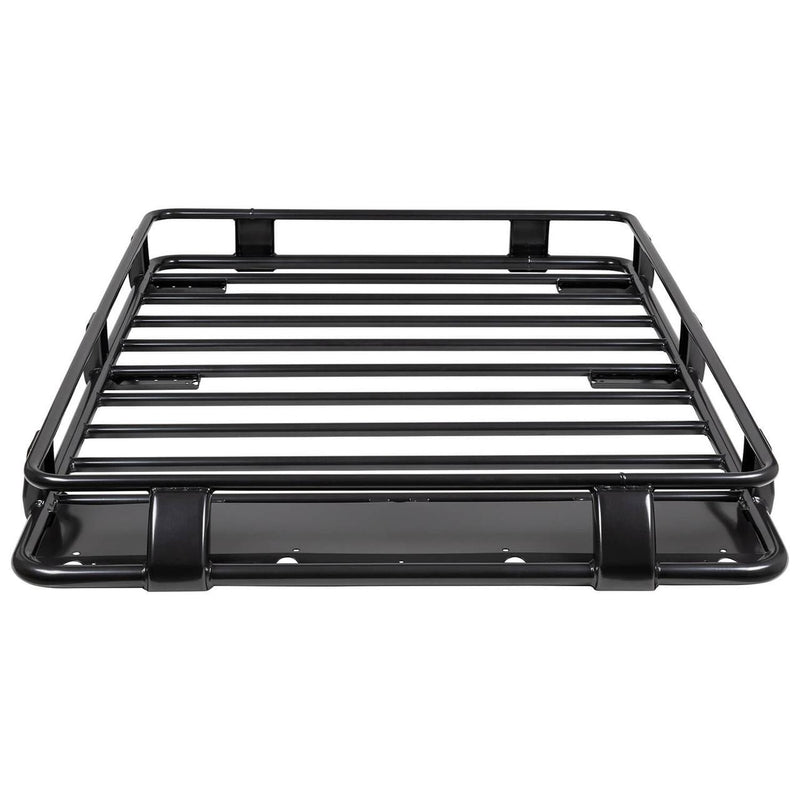 ARB Classic steel roof rack cage on white, a black round tube rack with raised perimeter rails, spaced cross bars and mounting legs
