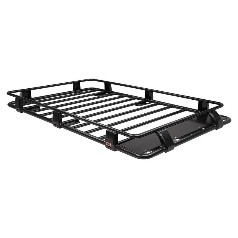 ARB Classic steel roof rack cage on white, a black round tube rack with raised perimeter rails, spaced cross bars, mounting legs and a wind deflection panel