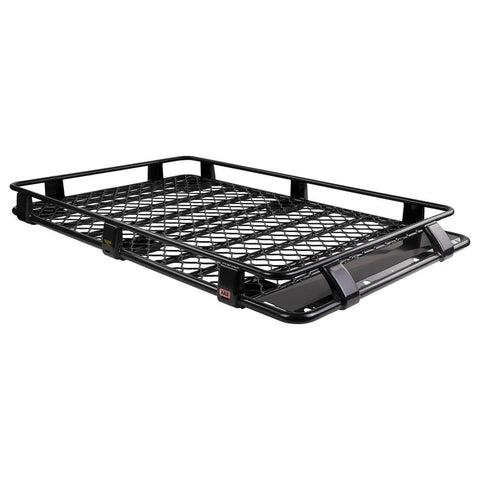 ARB Classic aluminum roof rack cage with a mesh floor on white, showing raised perimeter rails over a diamond pattern mesh deck, mounting legs and a wind deflection panel