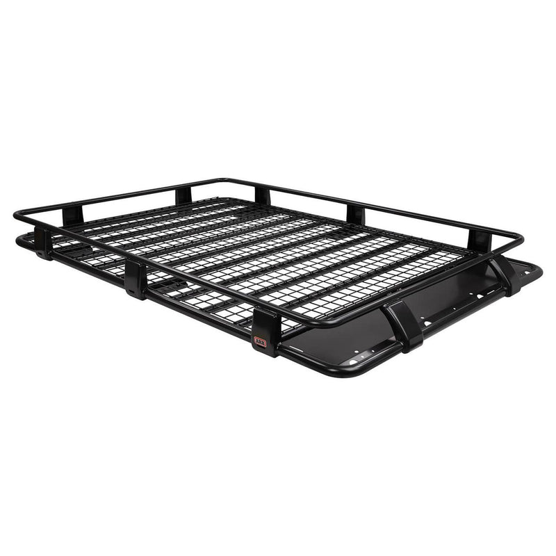ARB Classic steel roof rack cage with a fully welded mesh floor on white, showing raised perimeter rails, mounting legs and a wind deflection panel at one end