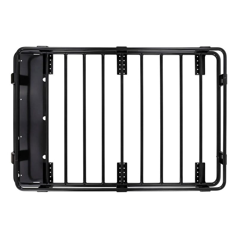 Top-down view of an ARB Classic steel roof rack cage on white, black tube floor slats inside a raised rail