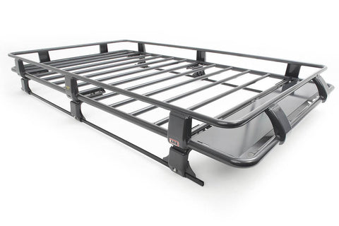 ARB Classic steel roof rack cage on white, a large dark grey round tube rack with raised perimeter rails, spaced cross bars, mounting legs and a wind deflection panel at one end