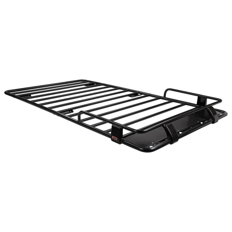 ARB Classic touring roof rack on white, a long black steel tube rack with a flat cross barred section for a rooftop tent at one end and raised perimeter rails at the other