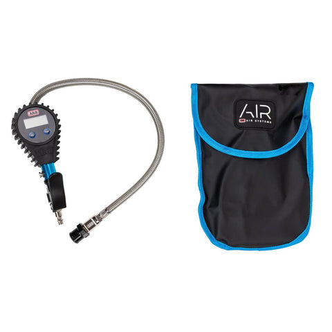 ARB601A digital tire inflator with a black rubber armored head, backlit LCD, blue ON and FUNC buttons, blue anodized body and a stainless braided hose, shown beside the black ARB Air Systems carry pouch