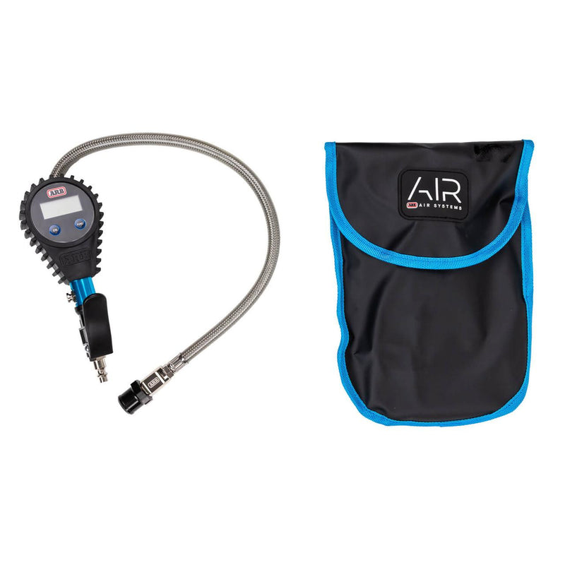 ARB601A digital tire inflator with a black rubber armored head, backlit LCD, blue ON and FUNC buttons, blue anodized body and a stainless braided hose, shown beside the black ARB Air Systems carry pouch