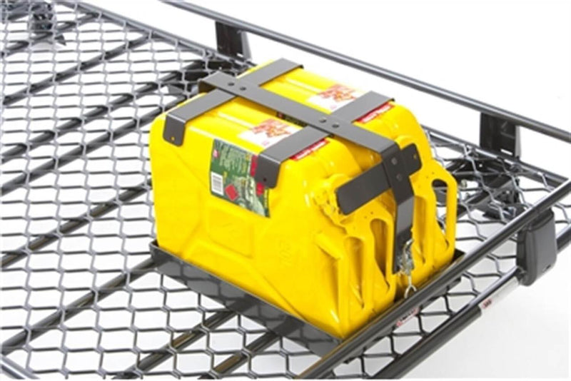 ARB double jerry can holder mounted on a mesh floored ARB Classic roof rack, holding two yellow 20 litre jerry cans clamped down by steel retention bars