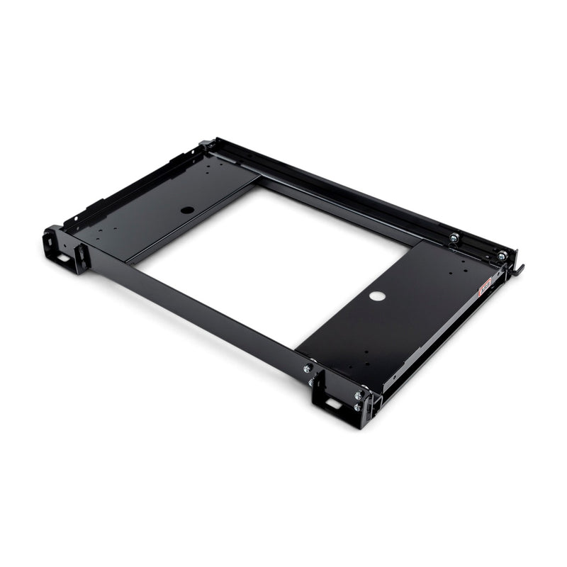 ARB Elements fridge slide 10900040, black steel frame viewed from above showing the open rectangular base, twin runner rails, corner mounting feet and the ARB badge