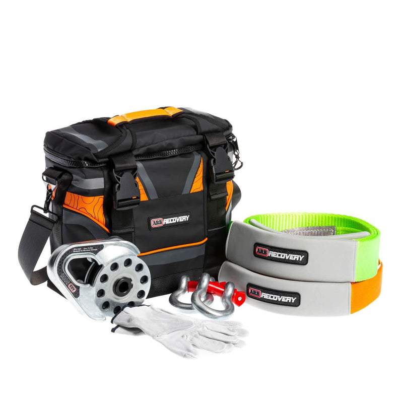 ARB Essentials Recovery Kit laid out with recovery bag, snatch strap, tree trunk protector, snatch block, shackles and gloves, alternate angle