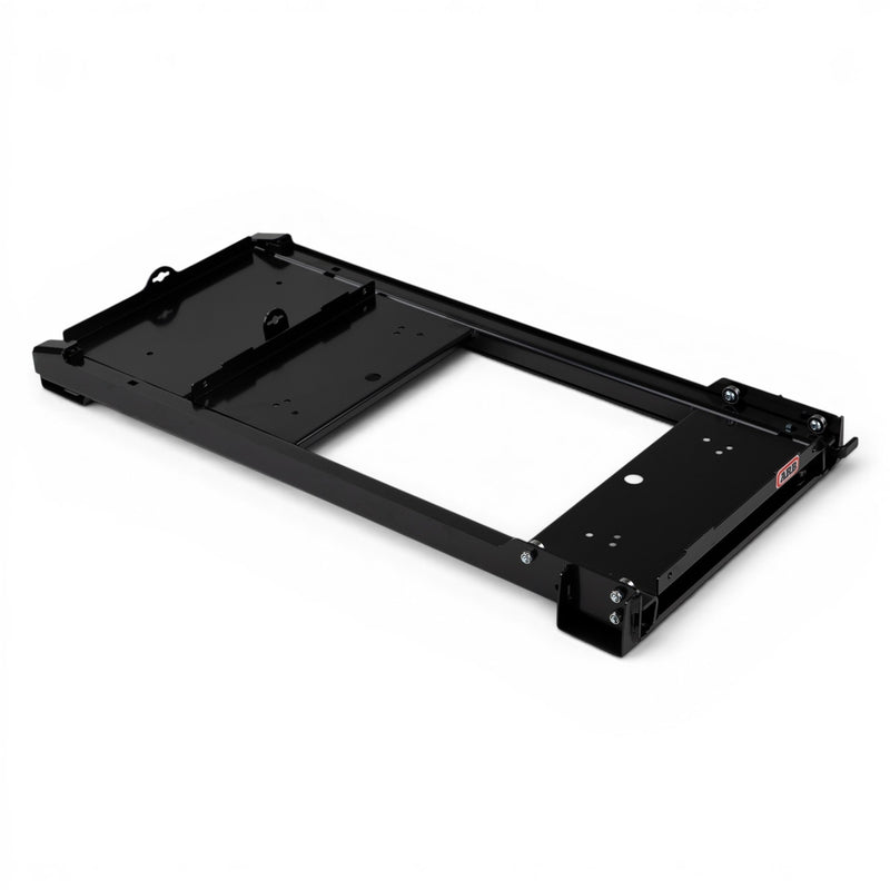 ARB extended platform fridge slide 10900029, black steel frame viewed from above showing the long front tray, the rear platform and the perimeter runners