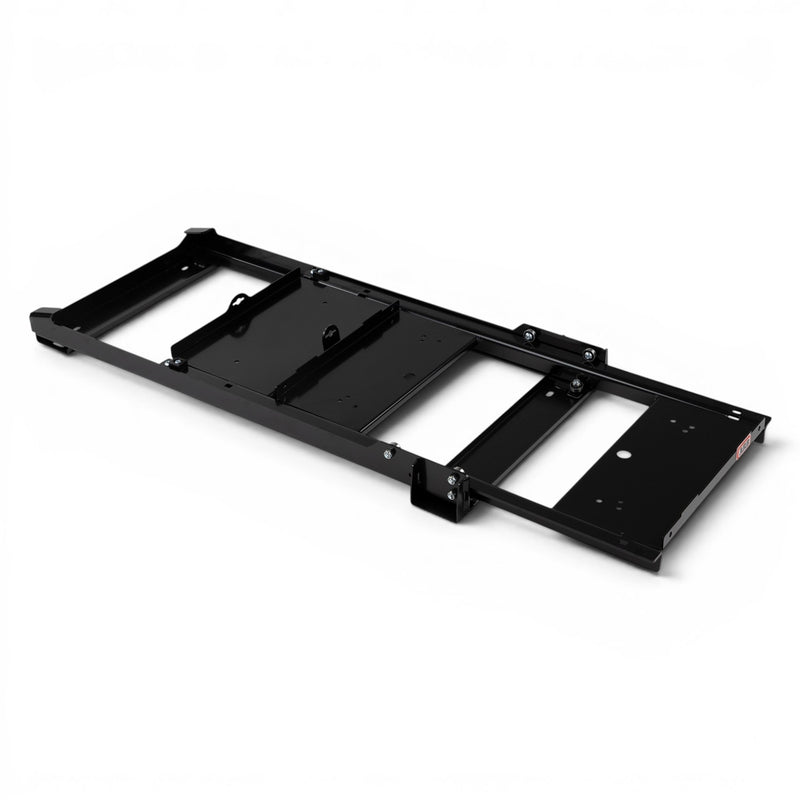 ARB extended platform fridge slide shown from the opposite end, with the runner rails, latch and mounting points visible