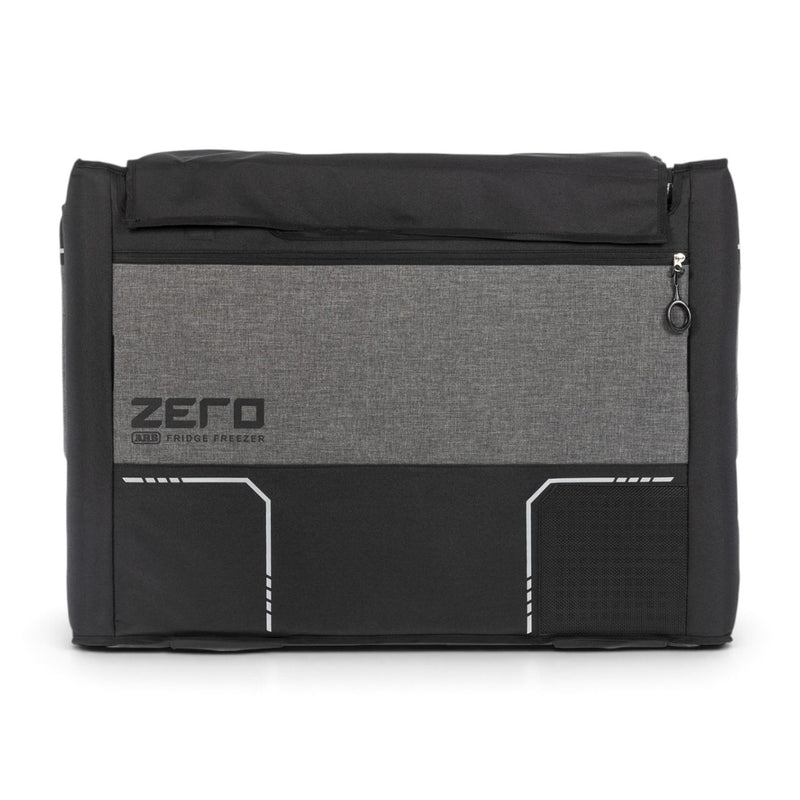 ARB ZERO fridge transit bag fitted on a ZERO fridge, side view with zip pocket and ZERO logo