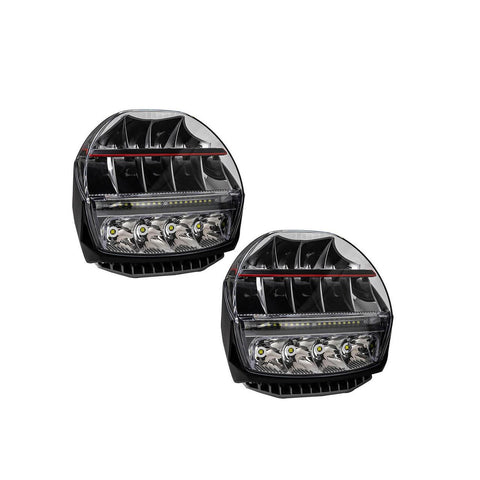 Pair of ARB Intensity IQ driving lights front view, D-shaped housings with a clear lens over an upper row of four LEDs, a lower lenticular flood section and a red accent line across the middle