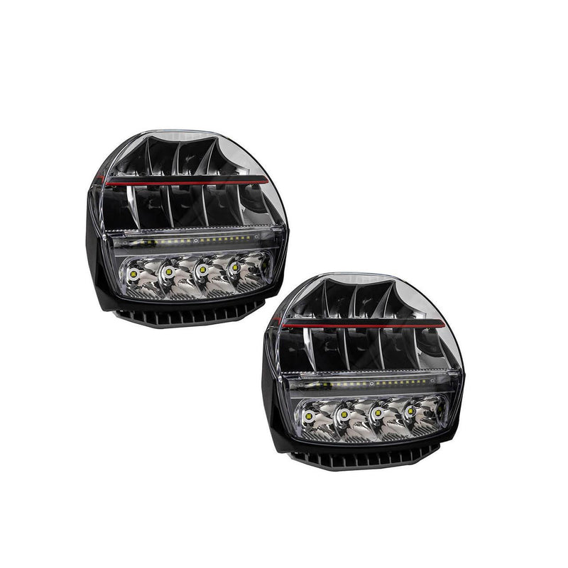 Pair of ARB Intensity IQ driving lights front view, D-shaped housings with a clear lens over an upper row of four LEDs, a lower lenticular flood section and a red accent line across the middle
