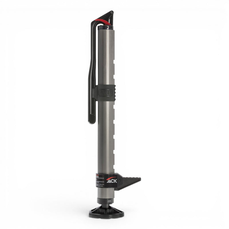 ARB JACK hydraulic long travel recovery jack, aluminium body with the red lowering lever, adjustable foot and carry bag, underside view