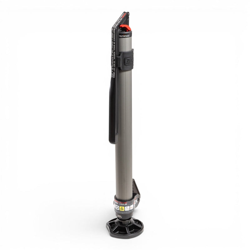 ARB JACK hydraulic long travel recovery jack, aluminium body with the red lowering lever, adjustable foot and carry bag, detail view