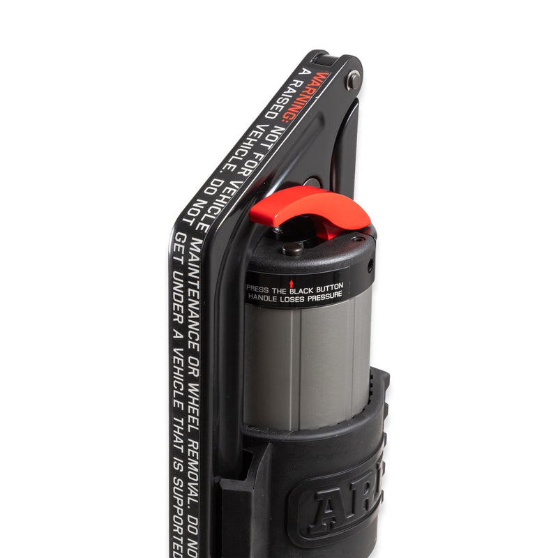 ARB JACK hydraulic long travel recovery jack, aluminium body with the red lowering lever, adjustable foot and carry bag, alternate angle