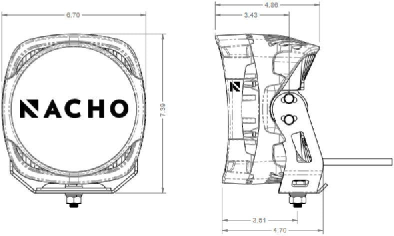 Dimension drawing of the NACHO Grande LED driving light housing in inches, front and side views