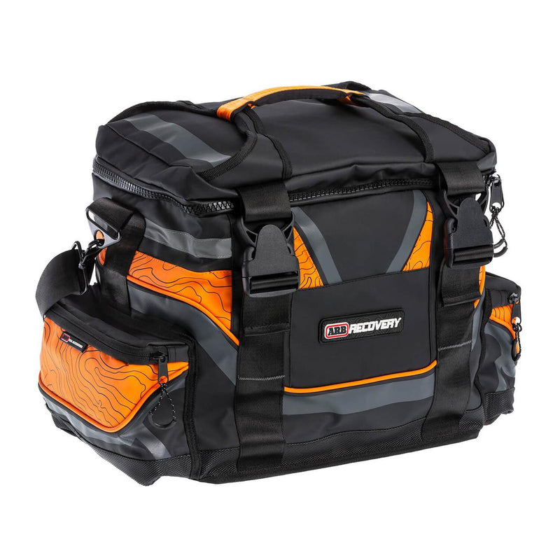 ARB large recovery bag from the Premium Recovery Kit, black and orange with reflective strips and the ARB RECOVERY badge, shown closed on white