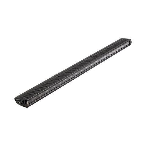 ARB Slimline roof rack LED light bar on white, a long slim black extruded aluminum bar with a row of tinted reflector optics behind the polycarbonate lens and the ARB logo on the end cap