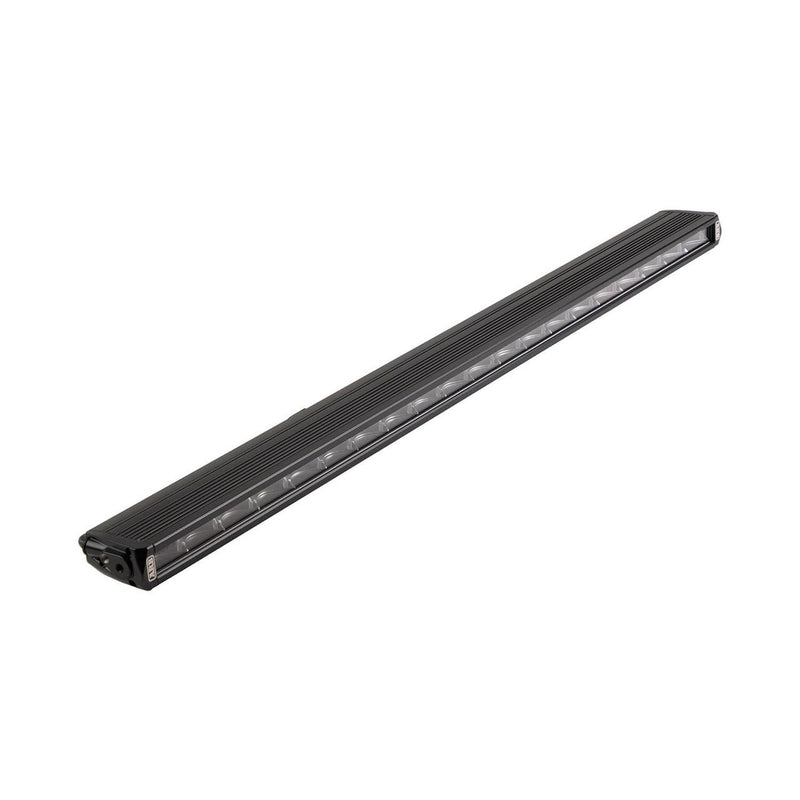 ARB Slimline roof rack LED light bar on white, a long slim black extruded aluminum bar with a row of tinted reflector optics behind the polycarbonate lens and the ARB logo on the end cap