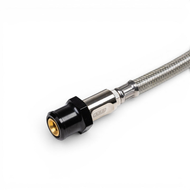 Lock-on chuck end of the ARB tire inflator braided hose, close-up