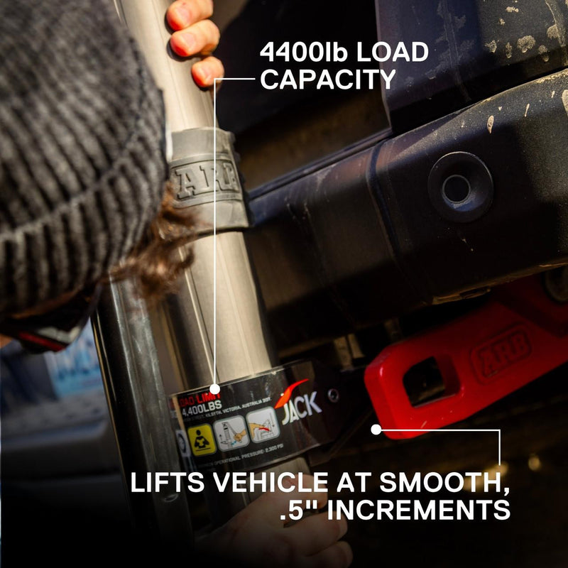 ARB JACK infographic: jack lifting a vehicle, callouts for load capacity and smooth lift increments