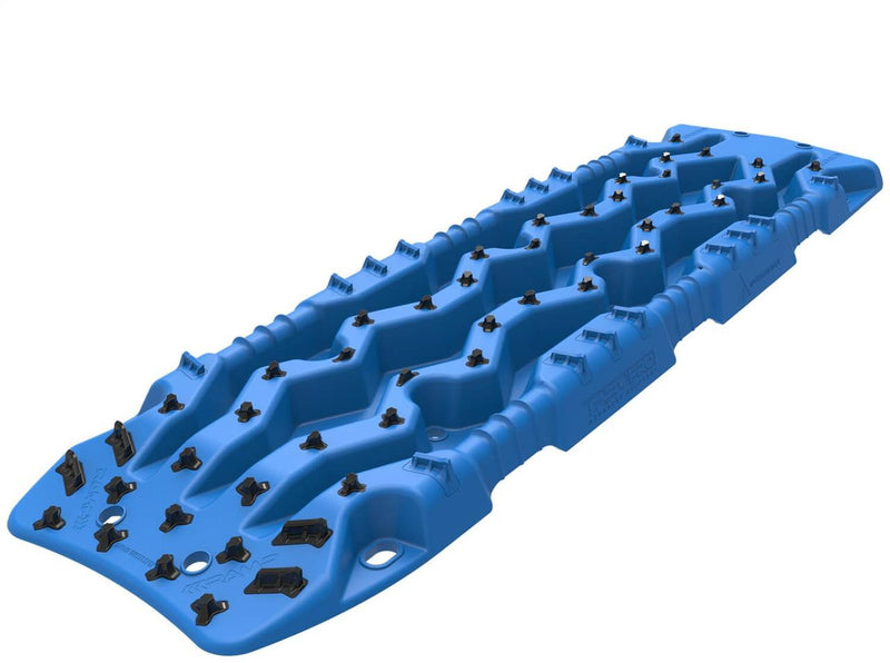 ARB TRED Pro recovery board in blue, showing the SIPE-LOCK tooth profile and the shovel end, underside view
