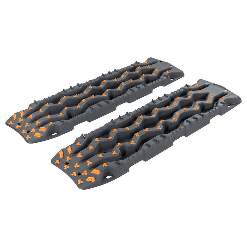 ARB TRED Pro recovery board in monument grey, orange nodules, showing the SIPE-LOCK tooth profile and the shovel end, underside view