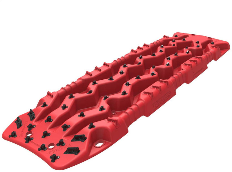 ARB TRED Pro recovery board in red, showing the SIPE-LOCK tooth profile and the shovel end, underside view