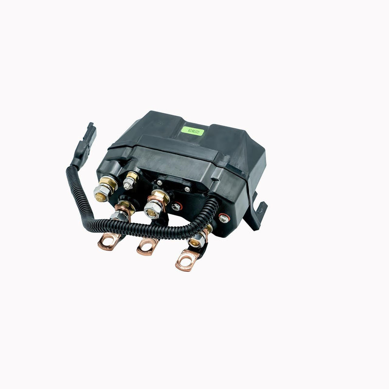Albright BR88-2P winch contactor, black housing with copper stud terminals and a wiring pigtail, underside view