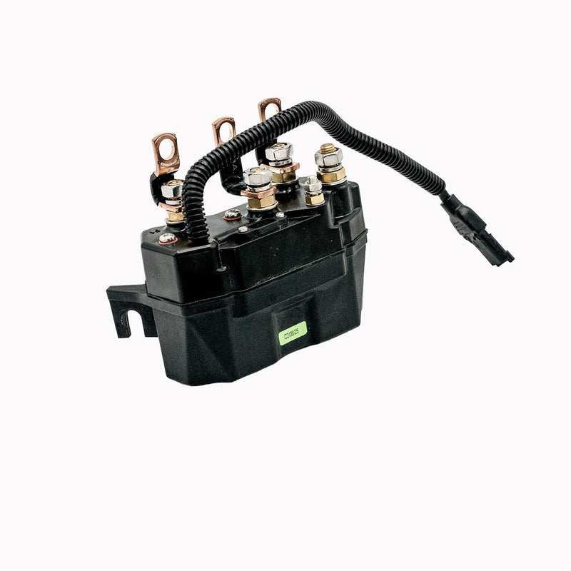 Albright BR88-2P winch contactor, black housing with copper stud terminals and a wiring pigtail, alternate angle