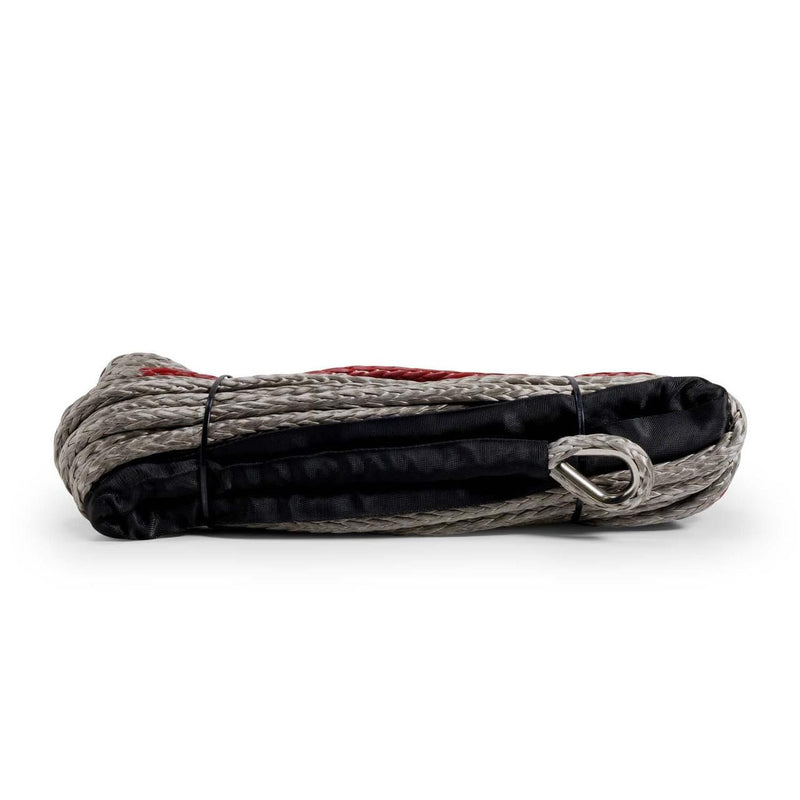ARB synthetic winch rope, grey 12 strand rope with a black abrasion sleeve and a steel thimble eye