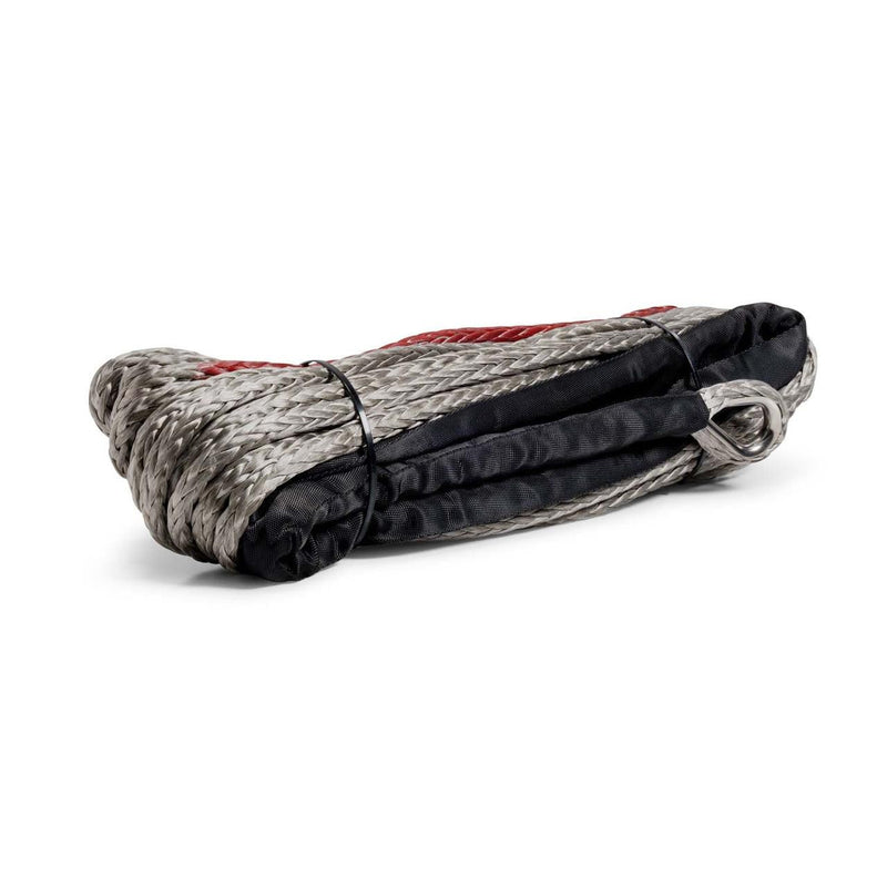ARB synthetic winch rope, grey 12 strand rope with a black abrasion sleeve and a steel thimble eye, underside view
