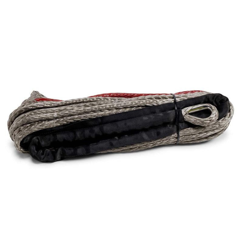 ARB synthetic winch rope, grey 12 strand rope with a black abrasion sleeve and a steel thimble eye, detail view
