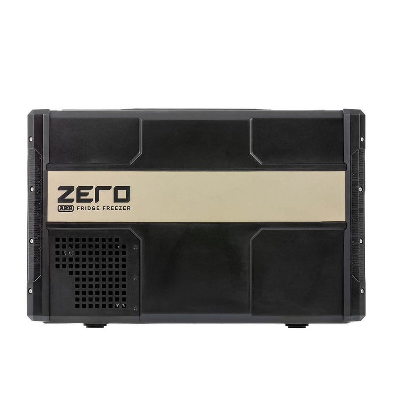 Side elevation of the ARB ZERO 38 qt fridge freezer showing the tan ZERO band, the vented compressor housing and the molded body panels