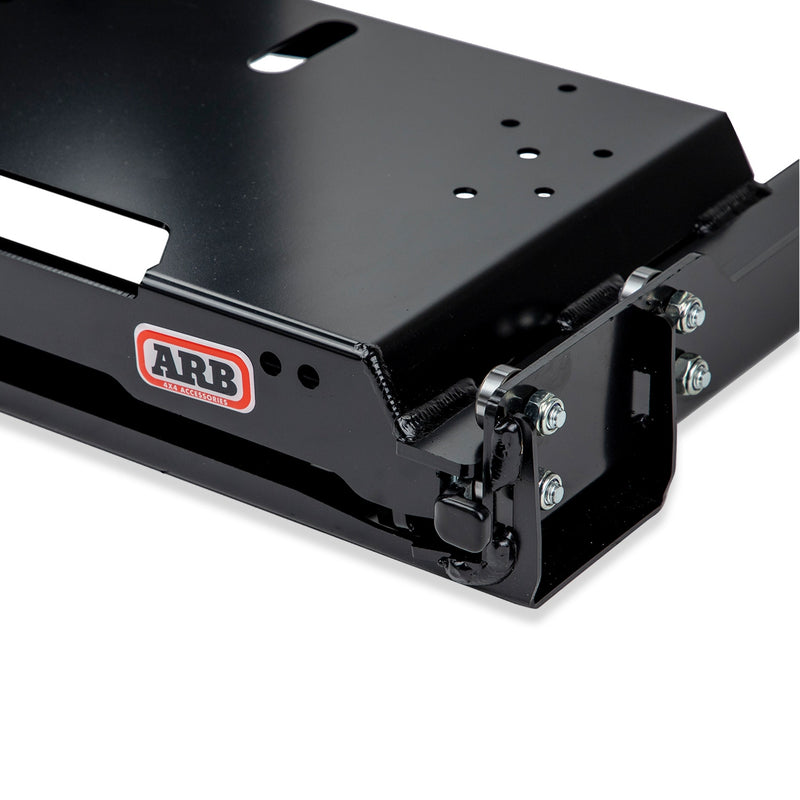 Close detail of the ARB ZERO fridge slide corner showing the quick release locking catch, roller bearing carriage and the ARB 4x4 Accessories badge