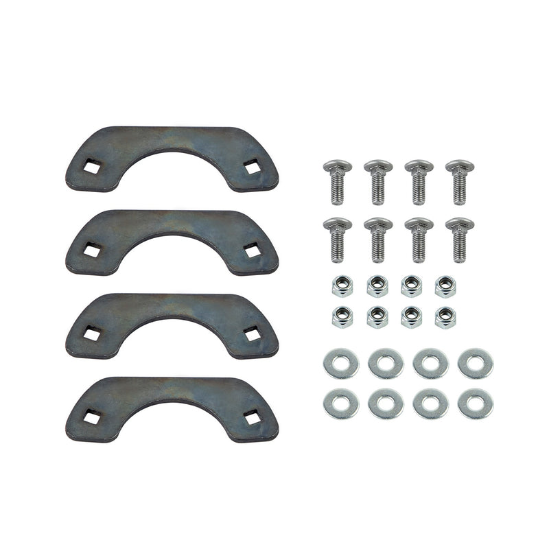 Mounting hardware supplied with the ARB ZERO fridge slide: four fridge foot locator plates plus carriage bolts, nyloc nuts and washers laid out on white